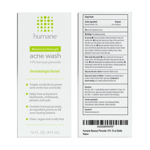 humane Maximum-Strength Acne Wash - 10% Benzoyl Peroxide Acne Treatment for Face, Skin, Butt, Back and Body - 16 Fl Oz - Dermatologist-Tested Non-Foaming Cleanser - Vegan, Cruelty-Free