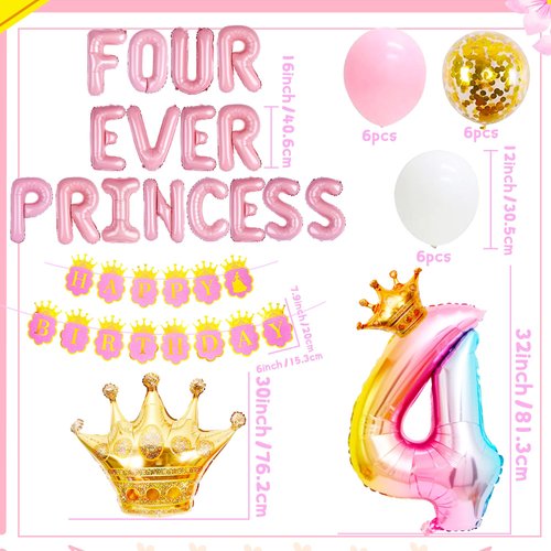 Four Ever a Princess Birthday Decorations Pink Gold Princess Castles Balloon Garland Crown Number 4 Foil Balloons Banner for 4 Years Old Birthday Party Decor Supplies
