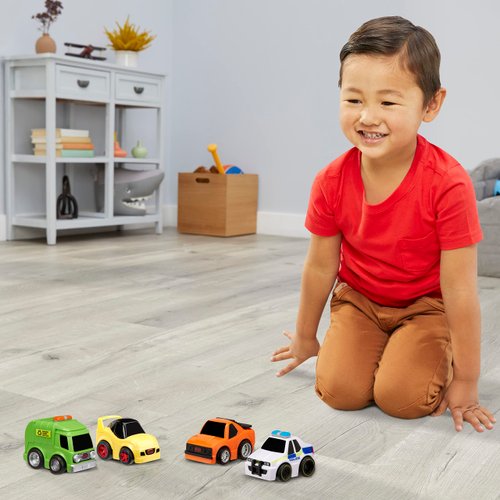 Little Tikes My First Cars Crazy Fast Cars 4-Pack Series 5 – Garbage Truck (Recycle), Race Car (Yellow), Muscle Car (Orange), Police Car (International), Pullback Toy Car Vehicles