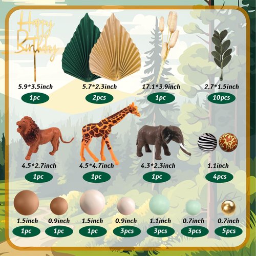 Safari Animal Cake Toppers Lion Giraffe Elephant Decorations Green Ball Boho Grass for Wild Animals Themed Birthday Party Jungle Party Supplies