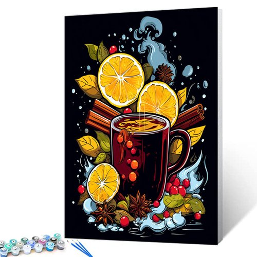 Graffiti Mulled Wine Paint by Numbers for Adults Beginner Red Wine Cup Digital Paintwork DIY Spice and Lemon Acrylic Canvas Art Kitchen Decor Food,Fruit Artwork Kits 16x20 Inch Gift(Without Frame)
