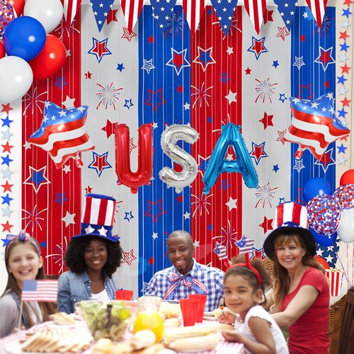 Red White and Blue Balloons Party Decorations with Patriotic Theme Foil Fringe Curtain for Graduation Party Supplies Nautical Veterans Memorial Day 4th of July Balloon Arch Decorations