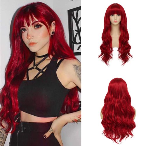Dai Cloud Red Wigs with Bangs for Women Long Curly Wavy Synthetic Women wig Cosplay Daily Party Hair Halloween Wigs