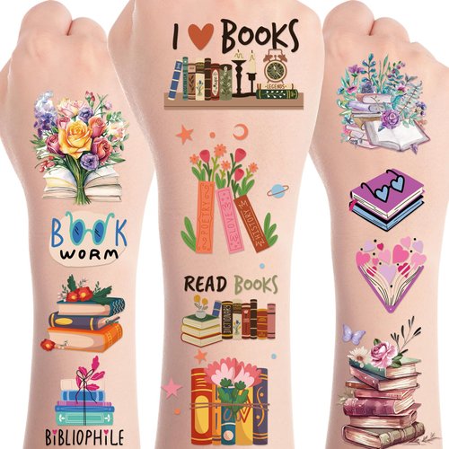 Reading Book Temporary Tattoos - 6 Sheets Book Party Decorations Book Themed Party Decorations Book Lovers Stickers Book Fake Tattoos for Nerdy Bookish Class School Prizes Gift