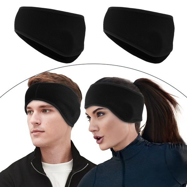 Black Fleece Ear Warmers Headbands for Women Men, Black Ear Muffs Women Men, Thick Black Headband, Winter Headbands for Running Cycling Hiking Skiing, Sports Headbands for Women(Black+Black)