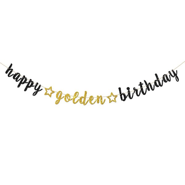 INNORU Happy Golden Birthday Banner - Birthday Party Decor - Kids Adults Birthday Party Decorations Supplies, Happy Birthday Party Bunting Decorations, Black Gold Glitter