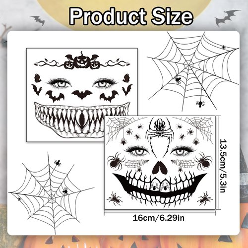 Qpout 9 Sheets Scary Halloween Face Temporary Tattoos for Women Men,Horror Big Mouth Wound Scars Stitches Tattoos Decals, Spider Web Bat Day of the Dead Witch Zombie Makeup Party Favor Supplies