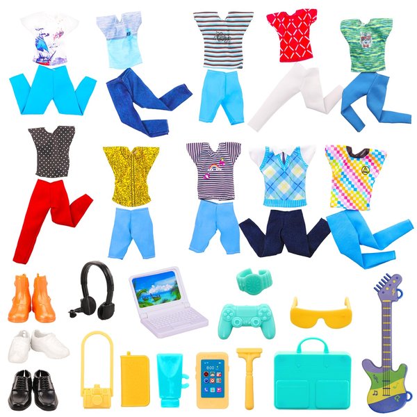 Miunana 20 PCS Male Doll Clothes and Accessories 5 Suits for 12 Inch Boy Dolls Clothes and 9 PCS Doll Accessories with 3 Pairs of Shoes and 1 Guitars Computer Dollhouse Furniture