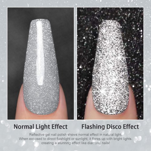 RARJSM Gel Polish Reflective Glitter,Gel Polish Glitter Silver,Flash Diamond Nail Gel Polish Soak off Disco Shimmer Gel Nail Polish UV LED Curing Requires 15ml for Home Salon Diy Nail Manicure