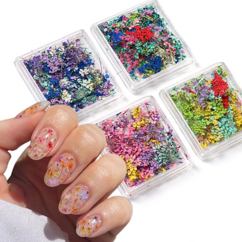 WOKOTO 4Box 3D Dried Flowers Nail Art Stickers Vibrant Colors Dry Flower Nail Charms for Nails Mini Mix Flower Petals Nail Stickers Natural Floral Dried Flower Decals for Nails Designs Accessories
