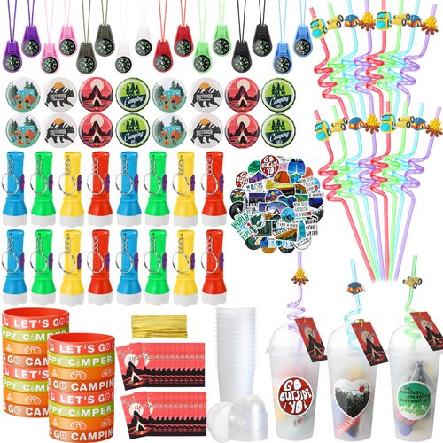 Yaomiao 163 Pcs Winter Camping Party Favors with Mini Compass for Kids Flashlights Keychain Cups with Dome Lids Silicone Bracelets Stickers Badges Plastic Straw Tag for Camping Adventure Birthday Gift