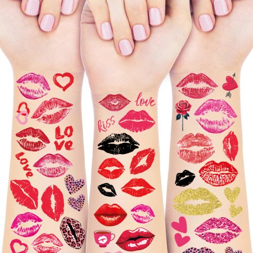 WRBAJIS 81Pcs Valentines Tattoo Stickers Red Lip Heart Temporary Tattoo Kiss Love Fake Tattoos Rose Flowers Body Face Tattoos Stickers for Adult Kids Valentine's Day Party Decorations Supplies