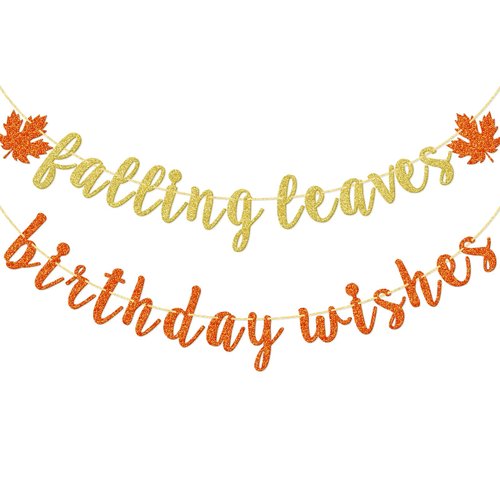 Falling Leaves Birthday Wishes Banner, Glitter Maple Leaves Birthday Banner, Fall Birthday Party Decorations, Pre-strung