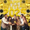 Black Gold Happy New Year Decorations 2025 Happy New Year Letter Foil Balloons Gold Fringe Curtains Backdrop Pom Poms Balloons Arch Garland Kit for New Years Eve Party Favors Supplies