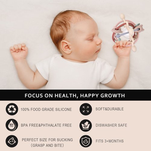 AULEGE Baby Teething Toy for Babies 3-12 Months, Silicone Baby Teether Toys with Rattle, Rattle Sensory Teether Toy, Baby Chew Toys for Teething Relief, BPA Free, Beige