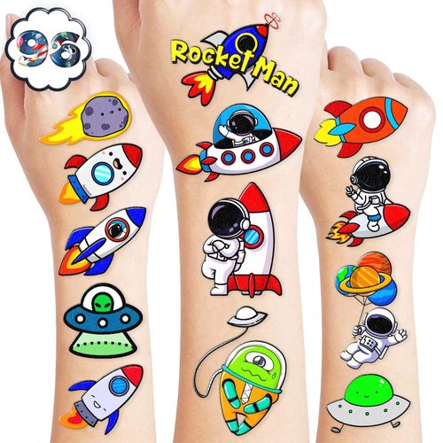 96 PCS Rocket Ship Birthday Party Decorations Favors Supplies Space Theme Party Favors Rocket Temporary Tattoos Stickers Gift for Boys School Prizes Rewards