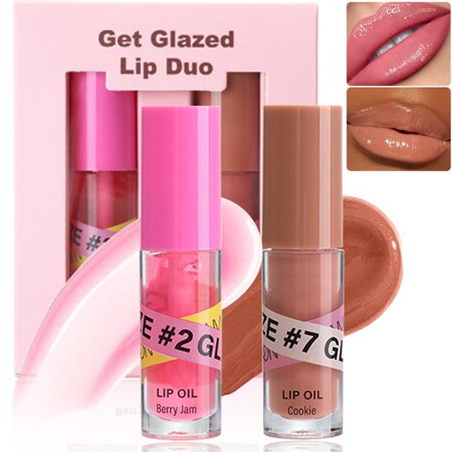 Lip Gloss Oil Set-2 Colors Hydrating Fat Oil Lip Gloss,Tinted Lip Glow Oil, Non-sticky Shiny and Vegan Lip Glaze Lip Tint, Glitter Crystal Jelly Lip Oil Plumping,Valentine's Day Gift for Women-Set C