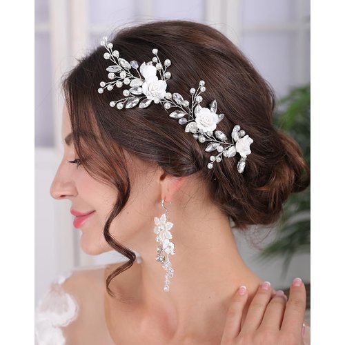 Rumtock 3pcs White Rose Flower Hair Pins Set Wedding Bridal Handmade Silver Hair Piece Pearl Jewelry