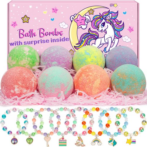 8 Pack Easter Bubble Bath Bombs for Kids with Unicorn & Mermaid Bracelets Toys, Kids Bath Bombs with Surprise Inside, Easter Basket Stuffers for Toddler Girls, Ideal Christmas Birthday Gifts for Kids