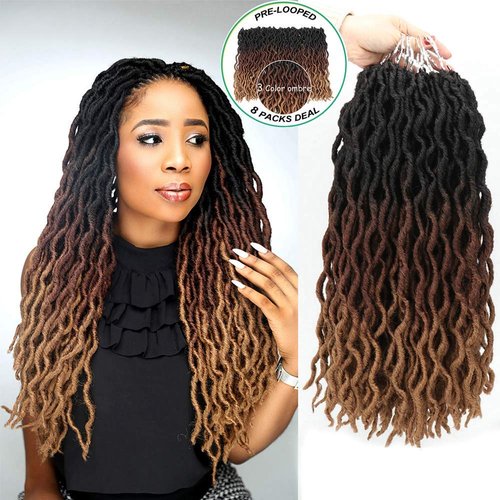 Eliza Wavy Gypsy Locs Ombre Crochet Hair Goddess 100% Kanekalon Fiber Faux African Roots Dreadlocs Synthetic Braiding Hair Extensions for Black Women(18",8Packs,OM3T30/27)