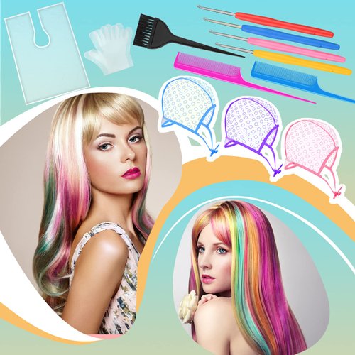 Yetene 27 Pcs Hair Coloring Kit Hair Highlight Kit, Include 6 Highlight Hair Cap for Hair Coloring 4 Hair Highlight Needle 6 Hair Dye Shawl 6 Pair Gloves 3 Dye Brush 2 Rat Tail Comb for Salon