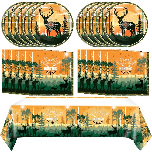 41 PCS Hunting Birthday Party Decorations Hunter Camo Themed Birthday Party Set Deer Birthday Party Decorations Plates Napkins Tablecloth Set for Family Picnic Retirement Outdoor Tournament Events