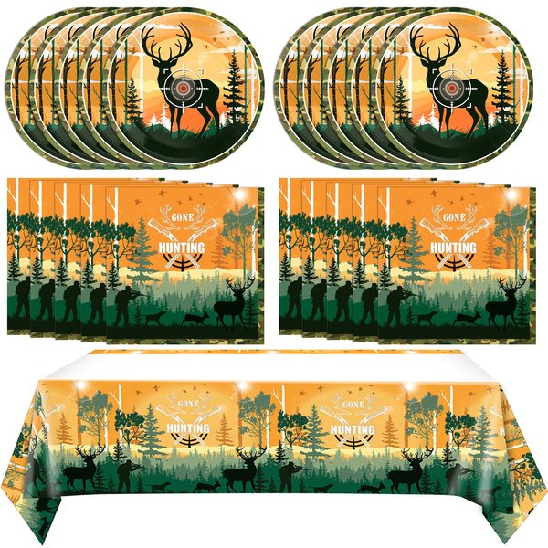 41 PCS Hunting Birthday Party Decorations Hunter Camo Themed Birthday Party Set Deer Birthday Party Decorations Plates Napkins Tablecloth Set for Family Picnic Retirement Outdoor Tournament Events