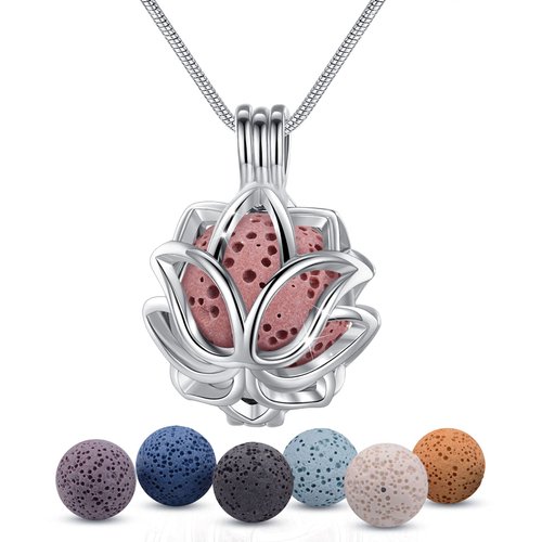 INFUSEU Essential Oil Diffuser Necklace Aromatherapy Jewelry for Women TeenGirls, Small Lotus Flower Pendant, 7 Lava Rock Stones, 24" Snake Chain