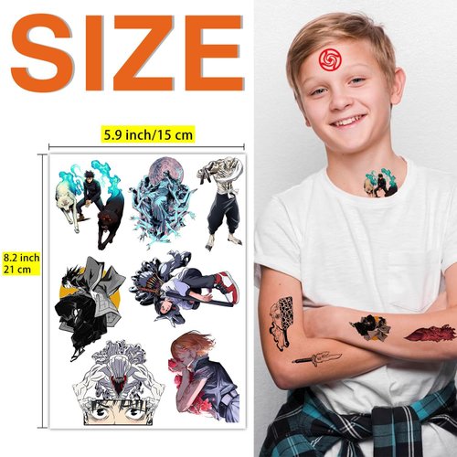 Babymiu Anime JJK Temporary Tattoo（8 Sheets) Gifts Anime Decor Merch Cosplay Temporary Tattoos Cartoon Stickers Decal Party Favors Supplies for Teens Kids Man