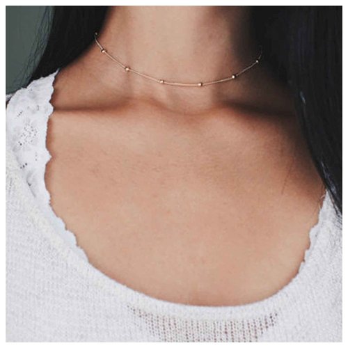 Yheakne Boho Thin Beaded Choker Necklace Gold Station Ball Necklace Short Satellite Chain Necklace Everyday Minimalist Necklace Jewelry for Women (Gold)
