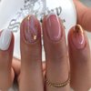 French Tip Press on Nails Short Round Head Almond Fake Nails with Gold Foil Design Full Cover Glue on Nails Pink Acrylic False Nails Glossy Stick on Nails for Women Girls DIY Nail Decorations