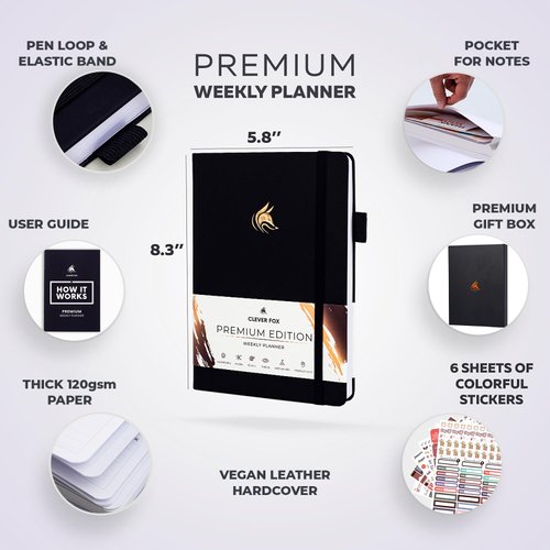 Clever Fox Planner Premium Edition – Undated Luxurious Weekly & Monthly Planner to Increase Productivity and Hit Your Goals – Organizer – Start Anytime, A5, Lasts 1 Year, Black (Weekly)