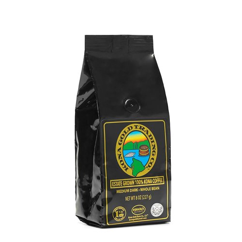 Kona Gold Coffee Whole Beans - 8 oz, by Kona Gold Rum Co. - Freshly Roasted Medium/Dark Roast Extra Fancy - 100% Kona Coffee | Peach Notes With Creamy Tones