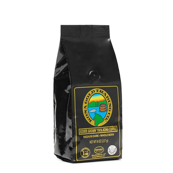 Kona Gold Coffee Whole Beans - 8 oz, by Kona Gold Rum Co. - Freshly Roasted Medium/Dark Roast Extra Fancy - 100% Kona Coffee | Peach Notes With Creamy Tones