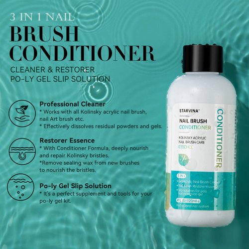 STARVINA Nail Brush Cleaner 3 IN 1 Nail Brush Conditioner Cleaner Restorer Poly Gel Slip Solution, For Solid Gel Nail Polish Dip Powder Gel Kolinsky Sable Acrylic Nail Brush Salon at Home 120ml