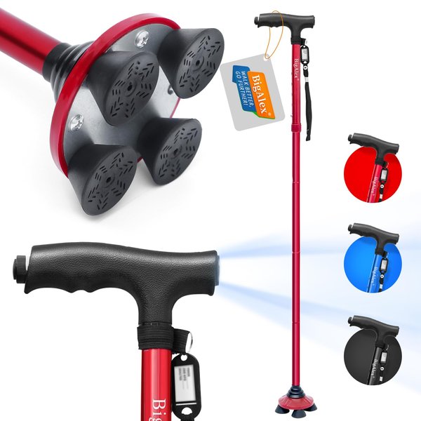 BigAlex Folding Walking Cane with LED Light,Pivoting Quad Base,Adjustable Walking Stick with Carrying Bag for Men/Women
