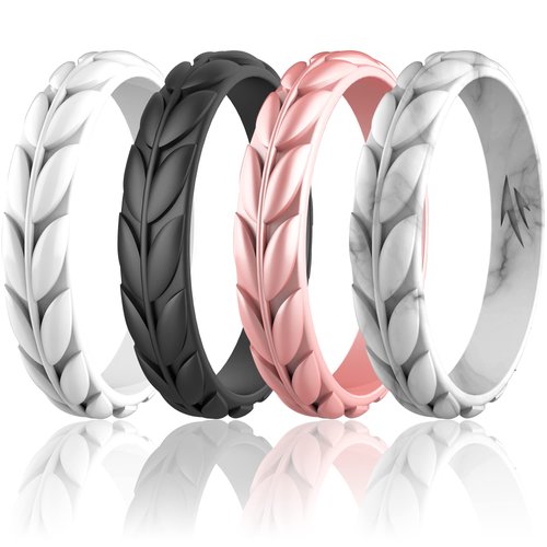 Zollen 4 Packs Olive Leaves Silicone Wedding Rings for Women, Rubber Wedding Bands Stackable Ring, Hypoallergenic Silicone, Size 8