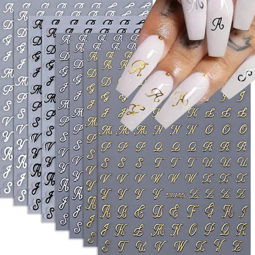 Letter Nail Stickers, 8 Sheets Old English Letter Nail Decals 3D Self-Adhesive Gold Silver Black White Retro English Pattern Old Alphabet Cursive Nail Design Manicure Nail Accessories for Women Girls