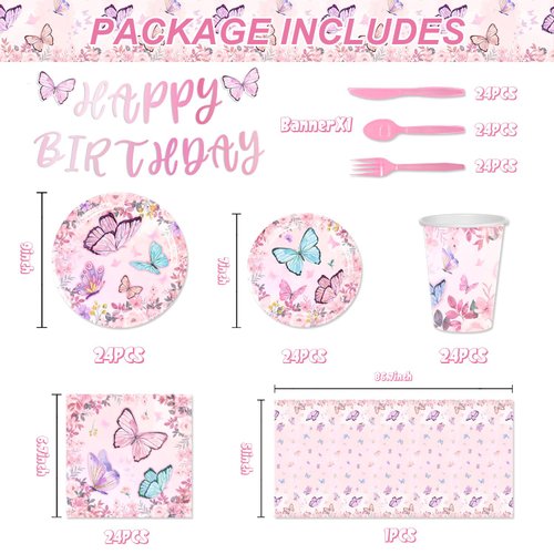 170Pack Butterfly Decorations Disposable Paper Plates Napkins Cups Tablecloth and Banner for Girl Butterfly Decorations, Serve 24 Butterfly Party Decoration