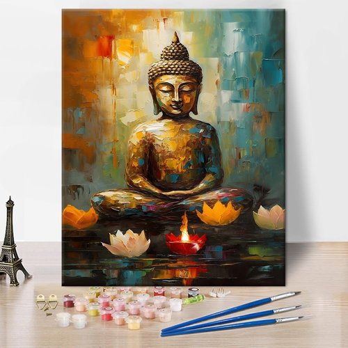 Rebotipy Buddha Oil Paint by Numbers Kit for Adults Lotus Flower Candle Paint by Numbers Abstract Colorful Buddha Paint by Numbers Kits on Canvas DIY Paint by Numbers for Adults Beginner 16x20inch