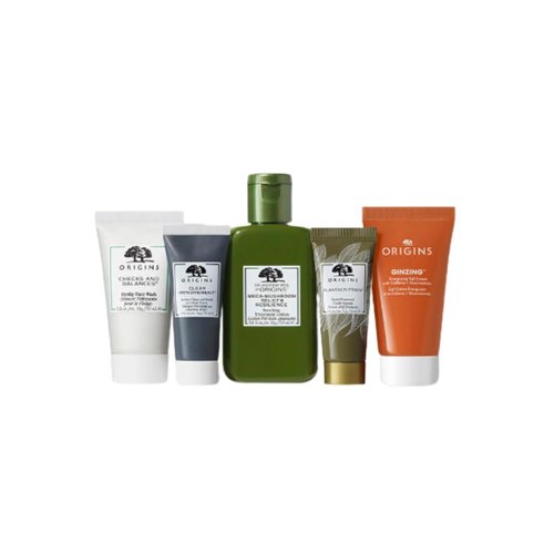 Origins Best Sellers Set for Women - 5 Pc 1oz Checks Face Wash, 3.8oz Lotion, 0.5oz Clear Charcoal Face Mask,1.62oz Serum, 1.69oz Moisturizer