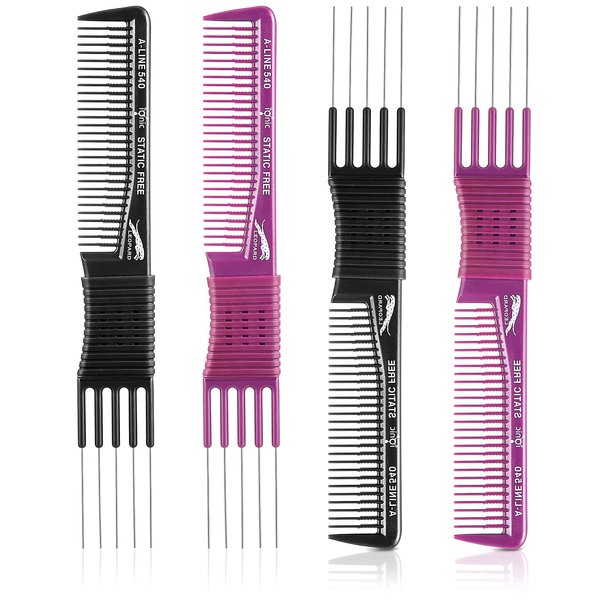 Patelai Hair Comb, 4 Pieces Carbon Lift Teasing Combs with Metal Prong, Salon Teasing Lifting Fluffing Comb with 5 Stainless Steel Pins for Women, Most Hair Types, Synthetic, Black and Purple