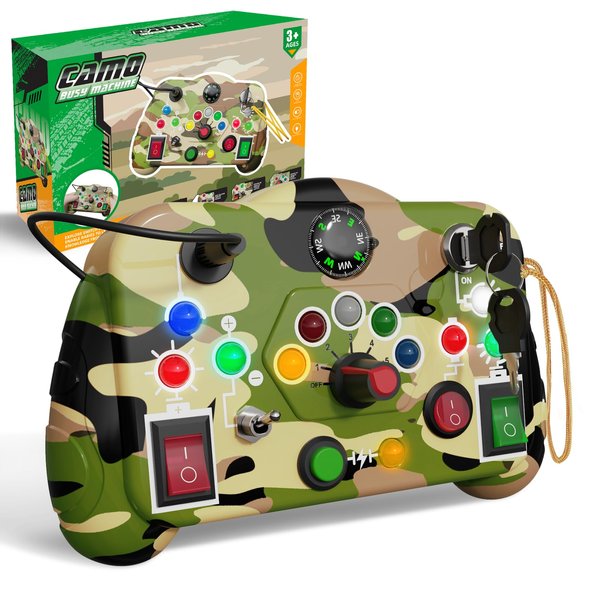 Montessori Busy Board with Led Light Switch, Sensory Montessori Travel Board for Toddlers 1-3, Camouflage Theme Toddler Educational Activities Toys Ideal Christmas & Birthday Gift for 1 2 3