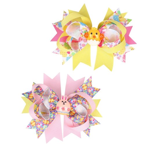 2 Packs Easter Bunny Hair Clips Hair Bow Clips with Cartoon Bunny and Chick Hair Bows Boutique Grosgrain Ribbon Hair Pins Lovely Easter Egg Rabbit Pattern Headwear Hair Accessories for Kids Girl