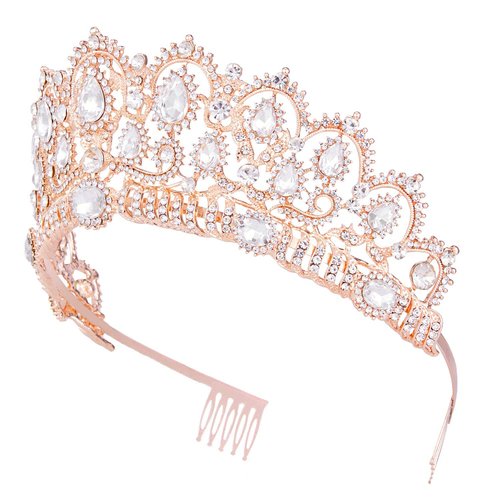 Crowns for Women, Vofler Rose Gold Tiara Baroque Vintage Headband Crystal Rhinestone Hair Jewelry for Women Queen Girl Bride Princess Birthday Wedding Pageant Prom Halloween Costume Party with Combs