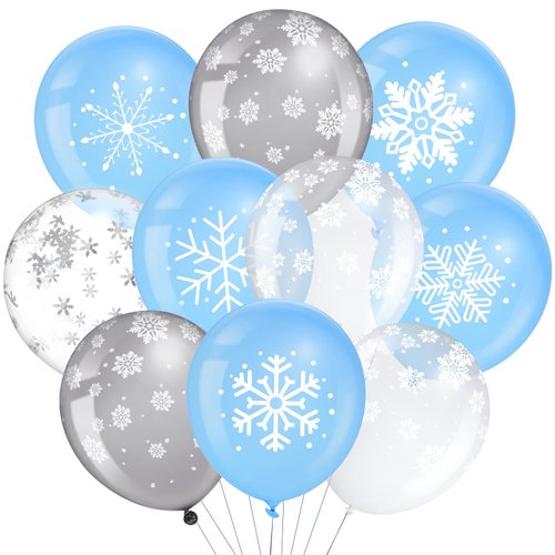 MiniInflat 50 Pcs Winter Snowflake Balloons 12 Inch Christmas Party Balloons Clear Latex Balloons Set for Holiday Birthday Baby Shower Wedding Winter Party Decorations (Blue Gray Clear,Snowflake)