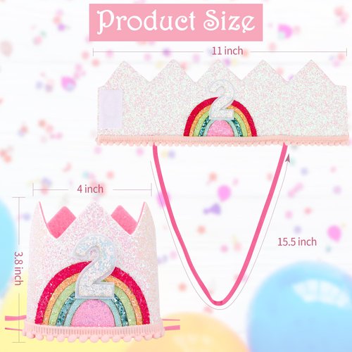 SuPoo Sequin 2nd Birthday Hat Headband 2nd Birthday Decorations for Girl Rainbow Birthday Crown for Girls Princess Tiara Elastic Hairbands 2 Year Old Happy Birthday Party Cap Decorations Accessories