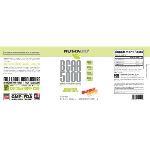 NutraBio BCAA 5000 Powder - Fermented Branched Chain Amino Acids for Muscle Growth & Recovery - Natural Flavors, Sweeteners, and Coloring, Vegan, Gluten Free - Strawberry Lemonade, 60 Servings