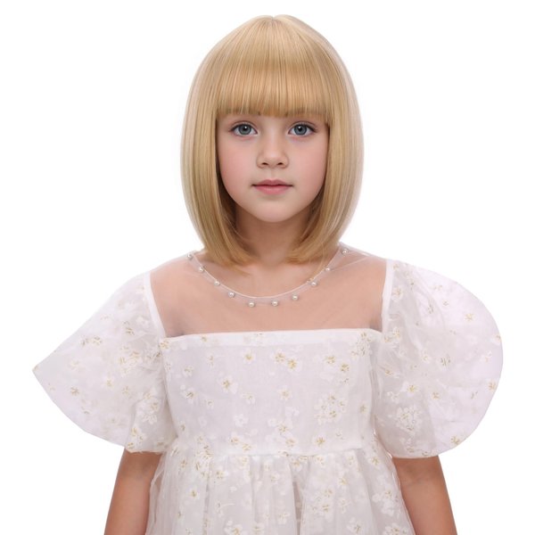 Edivd Kids Mixed Blonde Bob Wig Girls Short Blonde Bob Wig with Bangs Heat Resistant Synthetic Wig with Wig Cap