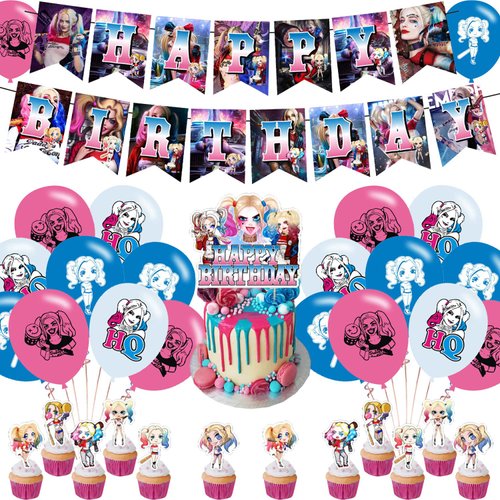 Joker Girl Party Decorations,Birthday Party Supplies for Girl Party Supplies Includes Banner - Cake Topper - 12 Cupcake Toppers - 18 Balloons